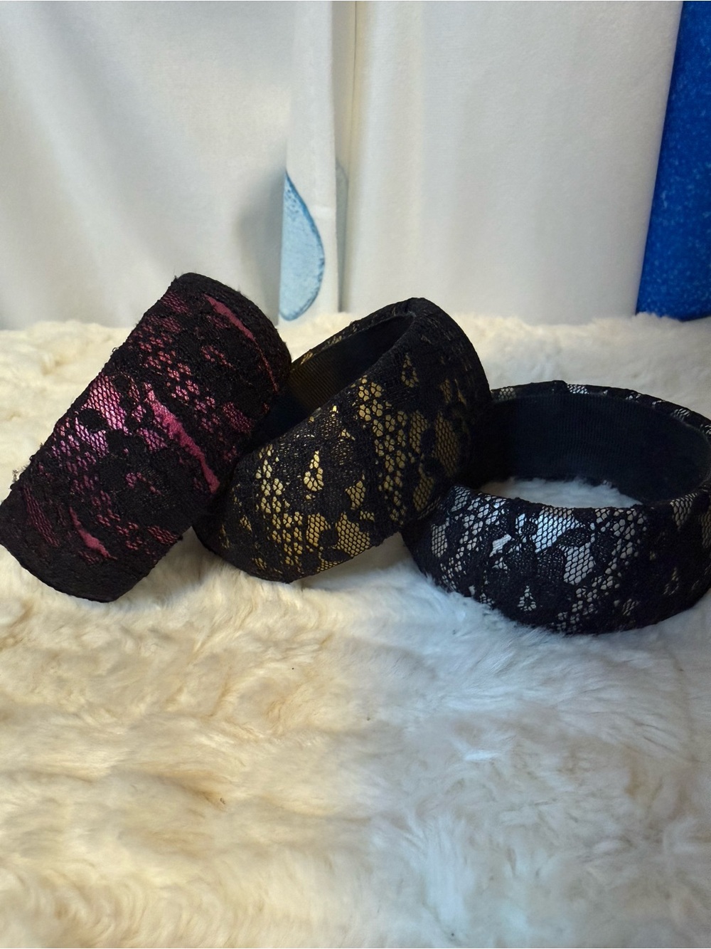 Set of 3 Wide Black Lace Statement Bangle Bracelets Pink Gold Silver